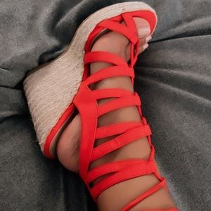 Red lace up espadrille wedges